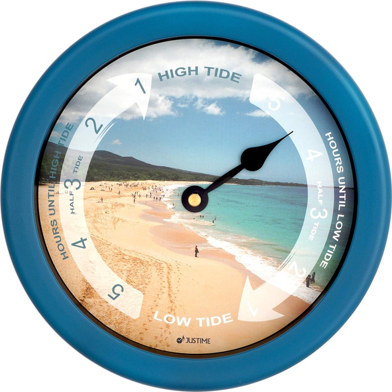 JUSTIME 8.5 Inch Atlantic Tide Clock for East Coast, High Tide Low Tide Clock with Plastic Water Resistant Case, Colorful Graphics Designed Home Wall DÃ©cor (TT023-Beach Blue) - Image 1